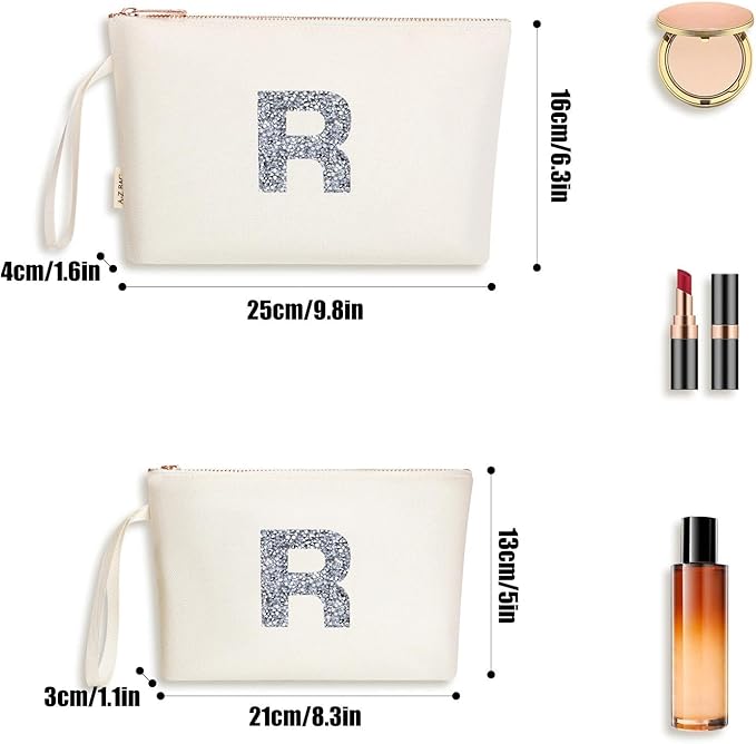 A-Z BAG 2pcs Personalised Makeup Bag Set, Canvas Cosmetic Bag with Rhinestone Initial, Birthday Gifts for Women (R, Beige)