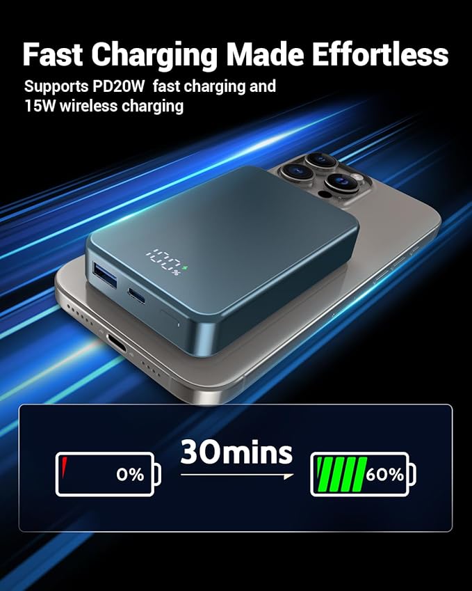Magnetic Power Bank 26800mAh for Magsafe Portable Charger, Aluminum Alloy Large Capacity 20W USB-C in&Out Wireless Fast Charging for iPhone17Pro Max/16/15/14/13/12 Series, Blue