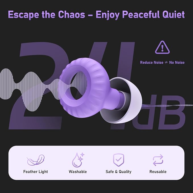 Silicone Ear Plugs for Sleeping, Noise Cancelling Reusable Earplugs with Comfortable Fit – Hearing Protection for Sleep, Concerts, Travel – 4 Pairs, Black + Purple