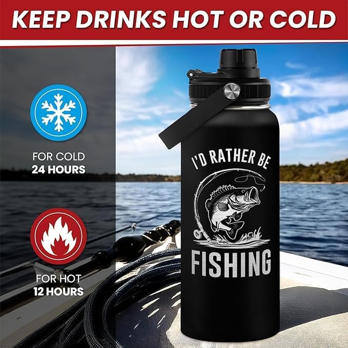 Fishing Insulated Engraved Stainless Steel Water Bottle 32oz, Vacuum Chug Lid Travel Tumbler for Men Friends Dad Grandpa Fisherman, I'd Rather Be Fishing, Gift for Birthday Christmas Father's Day