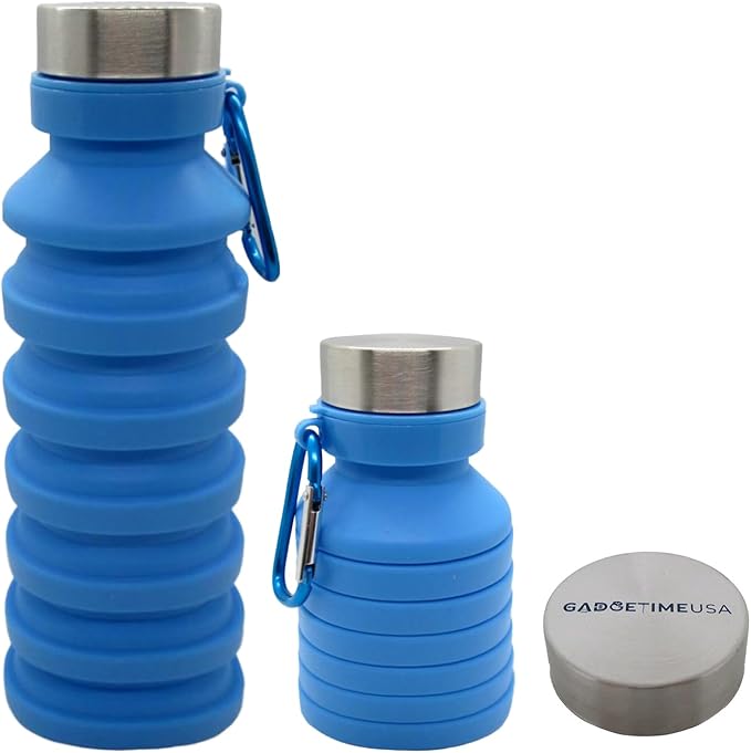 Collapsible Water Bottle (Blue) - Reusable, BPA Free, Silicone, Foldable Portable & Leak Proof - Water Bottles for Travel Gym Camping Hiking - Sports Water Bottle with Carabiner