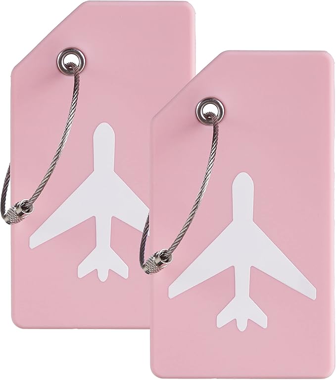 Gostwo 2 Pack Silicone Luggage Tags for Suitcases, 26 Initial Letter Baggage Labels Handbag School Bag Suitcase Instrument Tag with Stainless Steel Loop(Pink)(Airplane)