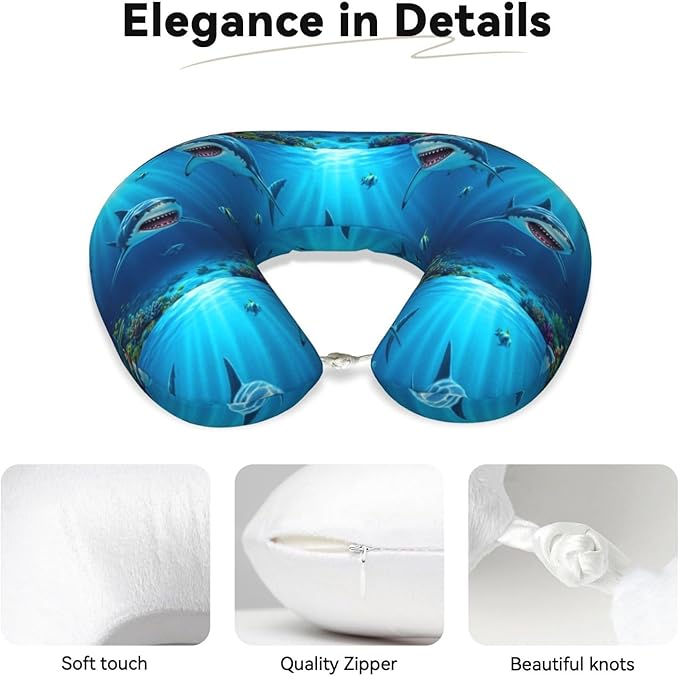 Neck Support Pillow, Comfortable Memory Foam Car/Flight/Airplane Chin Pillows U Shaped Cushion for Office Travel Sleeping Ocean Animals Sea Shark