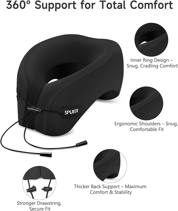 Ergonomic Memory Foam Travel Neck Pillow with Eye Mask & Earplugs – Comfortable Support for Flights, Cars, and Office Naps (Black)