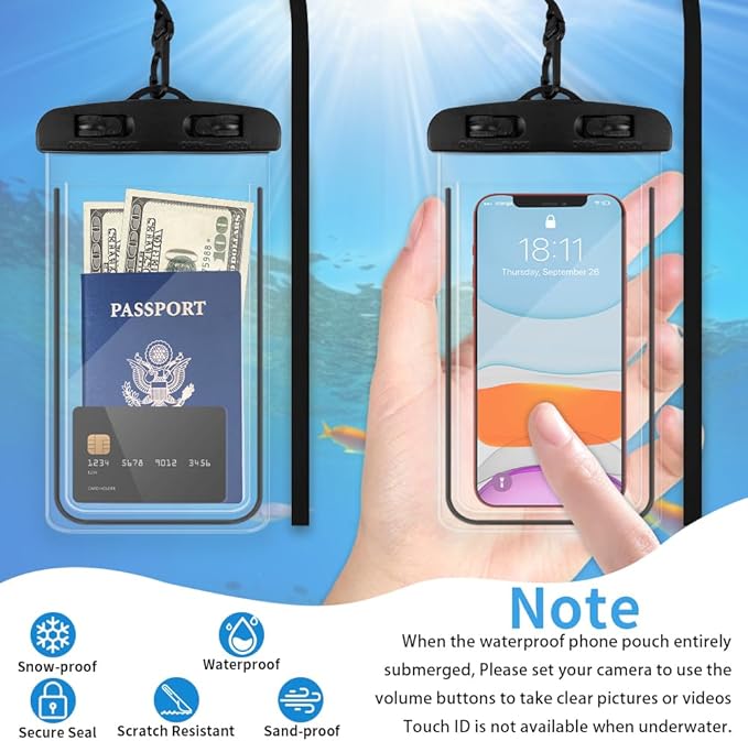 Waterproof Phone Pouch, 2 Pack Black Water Proof Cell Phone Case, Phone Wet Dry Bag Holder Beach Vacation Waterpark Underwater Cruise Essentials Accessories Must Haves Packing List Stuff for Men Women