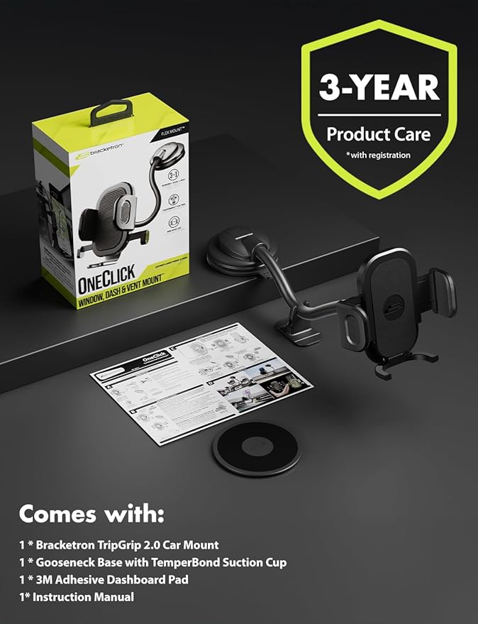 Bracketron Cell Phone Holders for Your Car, 7.5" Flexible Gooseneck Phone Holder for Car Dashboard & Windshield, One-Hand Release TripGrip 2.0 Car Phone Holder Mount Compatible with iPhone and Samsung