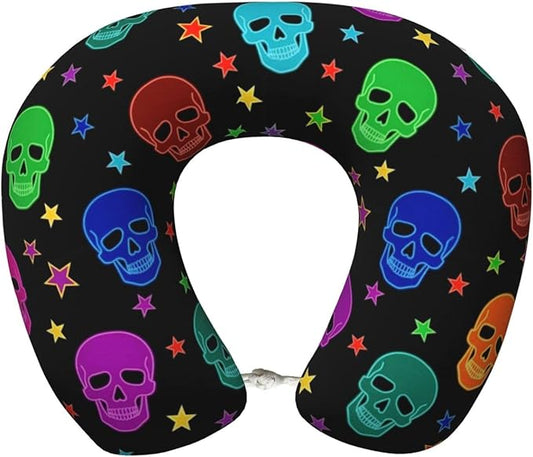 Travel Pillow for Boys and Girls, Comfortable Neck Chin Head Support Cushion Neon Gothic Skull, Comfortable for Airplanes Car Sleeping Rest