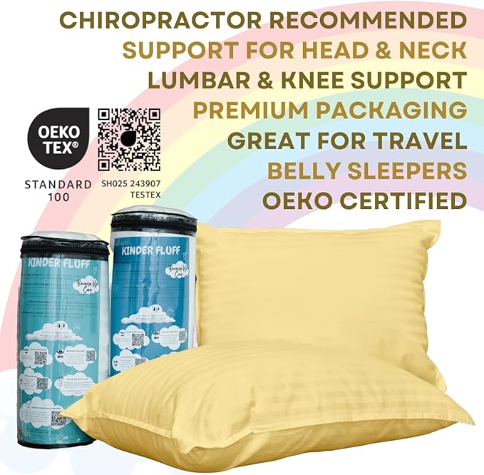 kinder Fluff Toddler Pillow (2Pack) 10x15in - First Pillow for Kids Age 2+, 100% Cotton Sateen Stripes Shell 300T, Down Alternative Fill, Machine Washable - Children & Travel Cushion - Yellow - XS