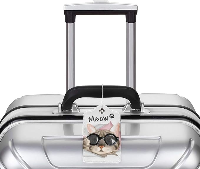 2 Pack Cute Cat Luggage Tags for Kids Girls Women Travel Funny Animal with Sunglasses Print on PU Leather Bag Tags Accessories Privacy Cover ID Label with Stainless Steel Loop for Backpack Suitcase