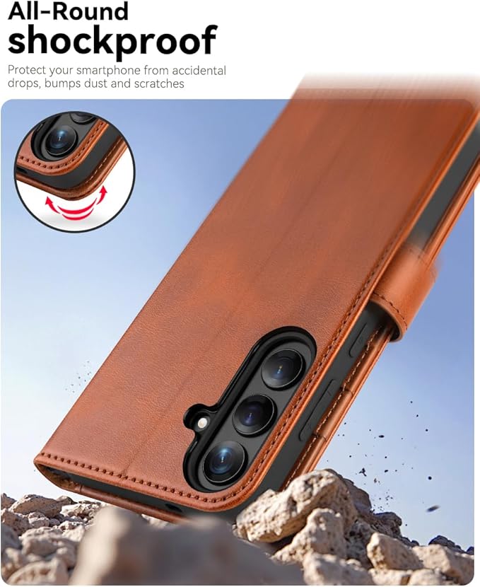 OCASE Compatible with Galaxy S25 FE Wallet Case, PU Leather Flip Folio Case with Card Holders RFID Blocking Kickstand [Shockproof TPU Inner Shell] Protective Phone Cover 2025, Brown
