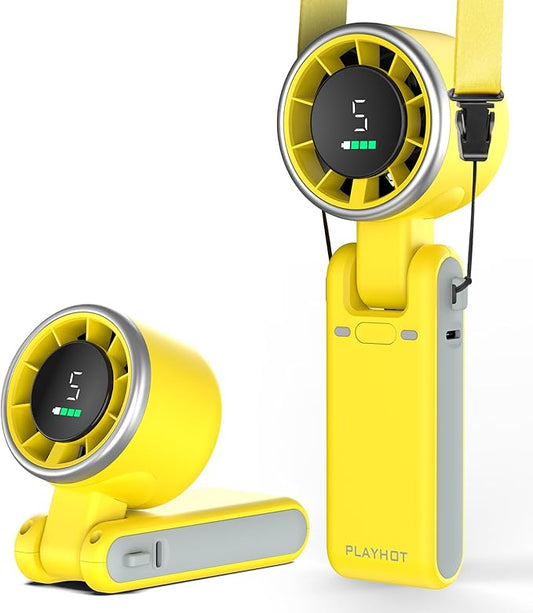 PlayHot Portable Handheld Turbo Fan, 5-Speed Personal Fans, 5000mAh Rechargeable Fans Up to 12 Hours, Weight only 0.6lb Small Fan, Hand/Neck/Desk Fan 3 IN 1, Beach Vacation Essentials(Yellow)