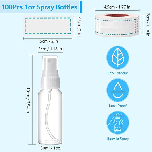 100PCS 1oz/30ml Small Mini Spray Bottles with 150pcs Labels, Clear Travel Spray Bottles Refillable Fine Mist Plastic Empty Bottle, Refillable Cosmetic Containers for Plants,Cleaning, Misting&Skin Care