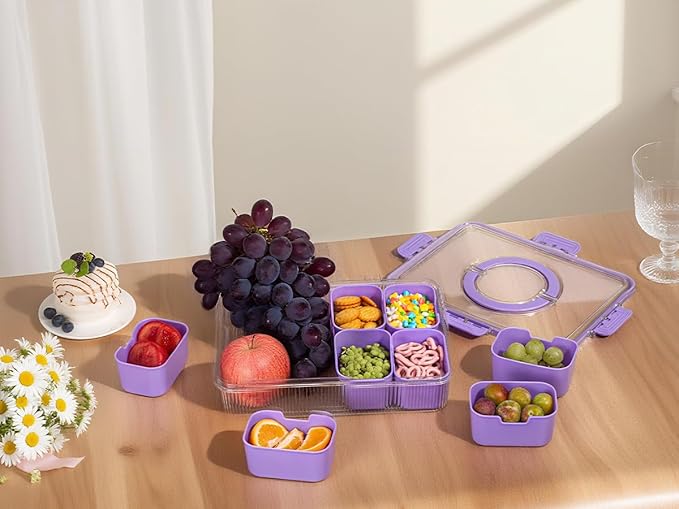 Patent Design Ribbed Snackle Box Container Divided Serving Tray with Lid and Handle -Charcuterie Container Portable Storage Organizer for Candy, Fruit, Beach, Picnics（1 pcs, Purple