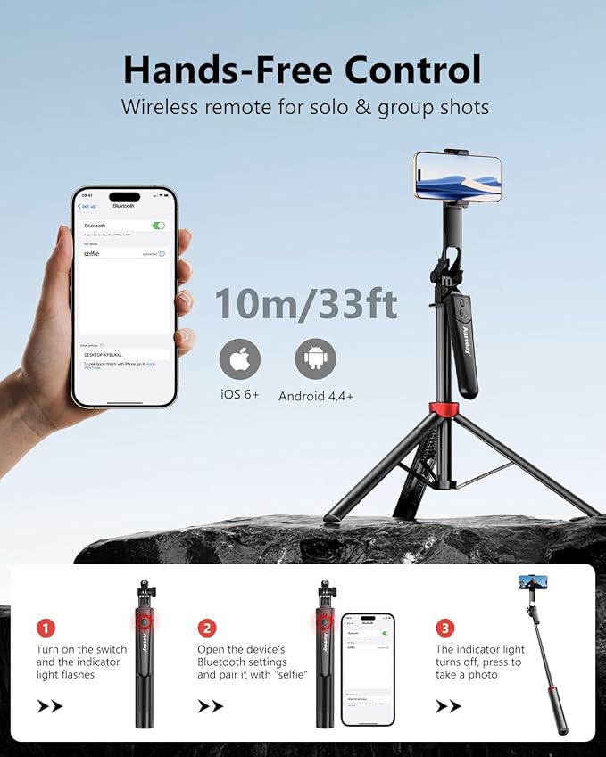 Aureday 72" Phone Tripod and Selfie Stick, Cell Phone Tripod Stand with Wireless Remote & Extendable Phone Mount for Travel/Selfie/Recording/Vlogging, Compatible with iPhone/Android/Camera