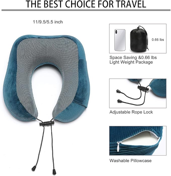 Memory Foam Neck Pillow with 360-Degree Head Support Lightweight Comfortable Travel Airplane Pillow with Storage Bag for Sleeping, Traveling,Car, Train, Bus and Home Use(Blue)