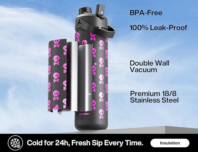 26 oz Insulated Water Bottle with 2-in-1 Straw and Spout Lid, Glow-in-the-Dark, 24H Cold, Leakproof, Fits in Car Cup Holder, Stainless Steel for Gift, Trip, Holiday, Sports (Deadly Cute)