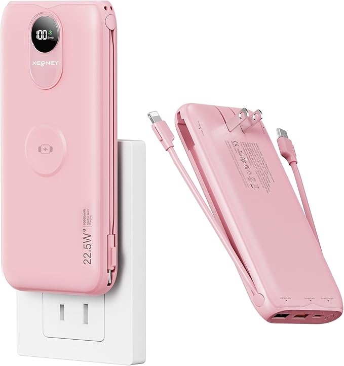 Portable Charger, 10000mAh 22.5W Fast Charging Power Bank with Built in Cable & Wall Plug, Travel Essential Battery Pack with LED Display, External Charger for iPhone, iWatch 11/10/9/8/Ultra/SE Pink