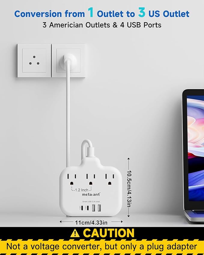Thailand Power Adapter with 4FT Extension Cord, meta-ant Thailand Plug Adapter with 3 American Outlets 4 USB Ports(2 USB-C), Type O Adapter for US to Thailand
