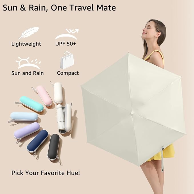 BAODINI Travel Essentials Mini Umbrella for Purse With Case Small Compact UV Sun Protection Lightweight Tiny Pocket Manual Open Close Umbrella for Women Kids and Men Fit Purse Backpack