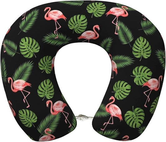 Memory Foam Airplane Pillow Pink Flamingo Tropical Palm Banana Leaves for Car Chin Head Neck Supporting, U Shape Pillows Travel Cushion for Office, Nap Sleeping