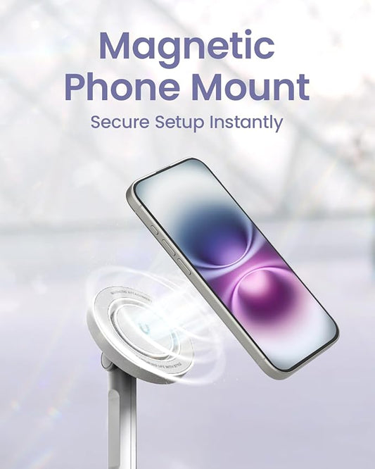 KraftGeek Magnetic Phone Tripod for iPhone MagSafe – 66'' Automatic Selfie Stick with Remote, Portable Tripod Stand for Video Recording, Travel, Vlogging (White)