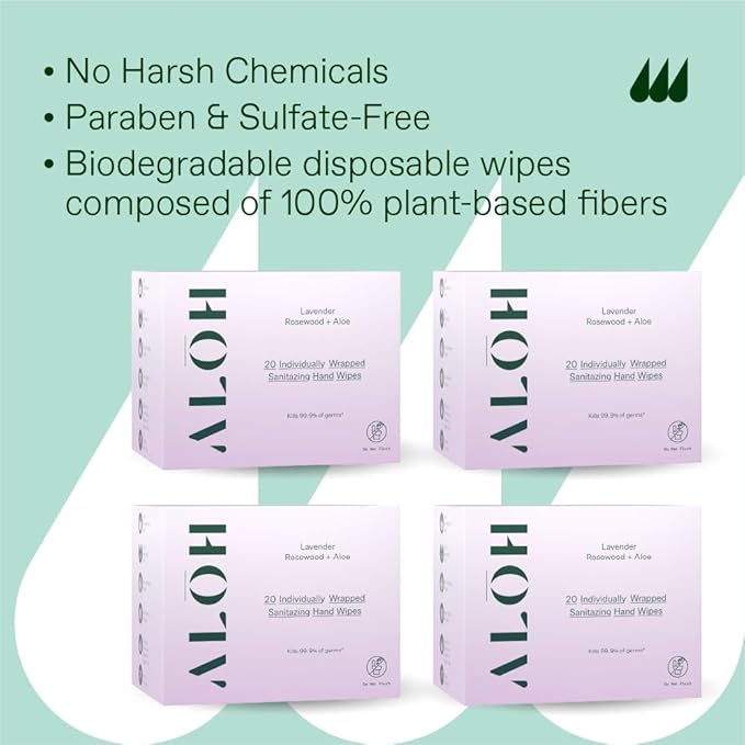 ALŌH Skin- Softening Sanitizing Hand Wipes – Lavender Rosewood + Aloe- 4 boxes of 20ct Individually Wrapped Wipes (80 Wipe)