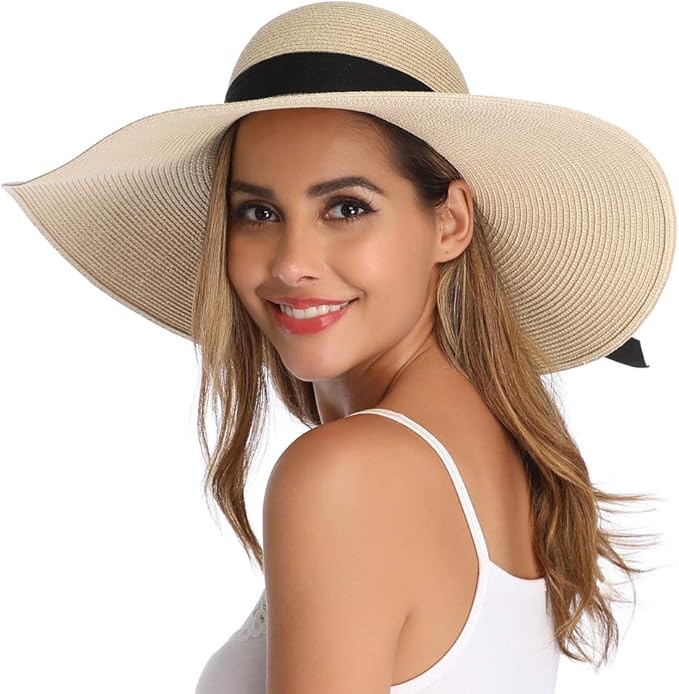 Lanzom Womens Wide Brim Straw Hat Big Floppy Foldable Roll up Cap Beach Sun Hat UPF 50+