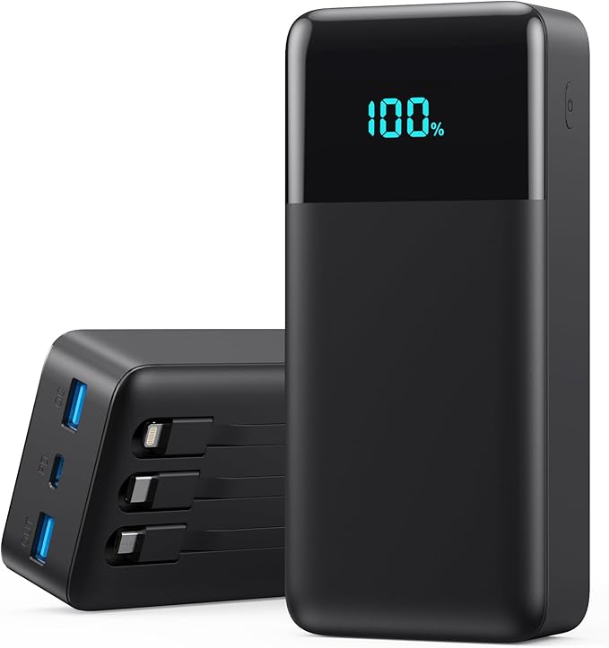 Portable Charger 50800mAh Power Bank with 3 Built-in Cable,25W PD USB C Power Bank Fast Phone Charging,QC4.0 LED Display Travel Outdoor Portable Battery Pack for iPhone 17/16/15, Galaxy Android-Black
