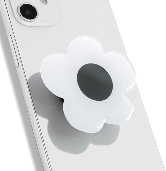 OnTheGrip Cute Solid Color Daisy Flower Design Collapsible Mobile Phone Grip Stand Holder for Smartphone Tablet Cell Phone Accessory (White Black)