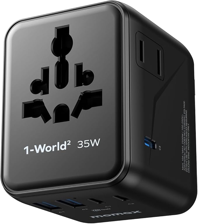 MOMAX 7-in-1 Universal Travel Adapter, 3 USB-C PD & 2 USB-A QC, 2AC, All-in-one European Travel Plug Adapter, International Power Adapter for Travel UK EU AUS JP, Travel Essentials