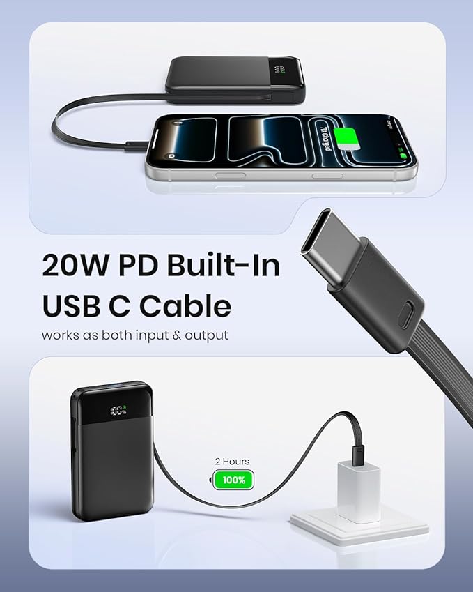 Hiluckey 10000mAh Magnetic Power Bank with Built in 20W USB C Cable, Ultra Slim 15W Fast Charging Wireless Portable Charger for iPhone 17/16/15/14/13/12 Pro/Pro Max Apple Watch, Travel Battery Pack