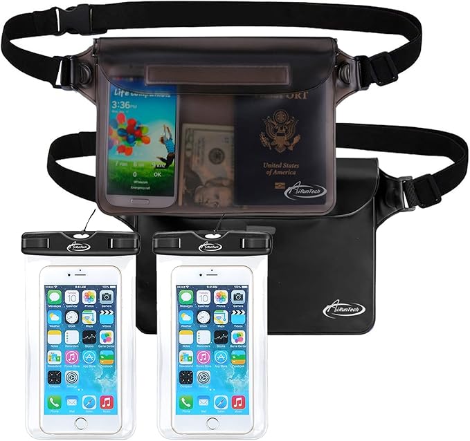 AiRunTech Waterproof Fanny Pack,Waterproof Phone Pouch for iPhone 16 15 14 13 12 11 Pro Max,IPX8 Dry Bag for Snorkeling Beach Cruise Kayaking Pool Swimming(Two Phone Cases+Two Waist Bags Set)
