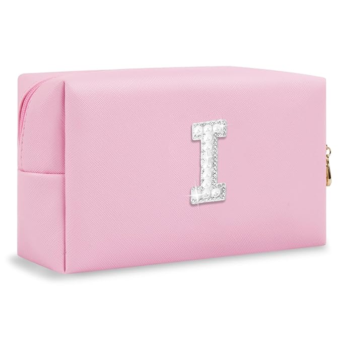 ChaoGreat Bride Gifts – Personalized Initial Makeup Bag with Pearl Rhinestone Patch, Preppy Pink Monogram Cosmetic/Toiletry Pouch, bridesmaid Gifts, Bridal Shower Gifts, Wedding Gifts, Bridal Gifts,I