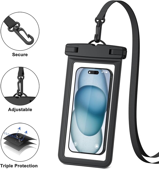 2 Pack Waterproof Phone Pouch for iPhone 17 16 15 14 13 12 11 Pro Max Plus Air, IPX8 Cellphone Dry Bag with Detachable Lanyard for Beach Cruise Ship Travel Essentials (Black+Black)