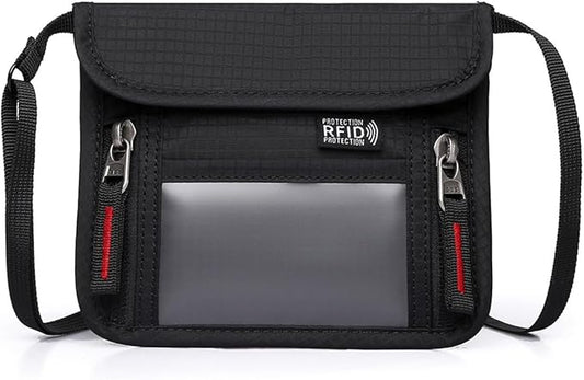 Passport Holder for Travel Pouch Neck Wallet for Traveling Women Men with RFID Blocking Waterproof and Slim Neck Pouch Adjustable Neck Strap (Black(Red zipper))