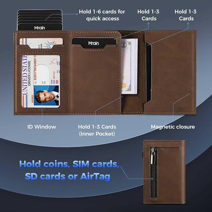 Mrain Mens Slim Minimalist Wallet Card Holder with Coin Pocket, Cash Slot, Magnetic Closure, Pop Up Aluminum Case, ID Window, Leather Wallet, RFID Blocking, 9-13 Card Capacity, Crazy Horse Brown