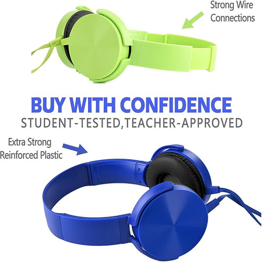 Kids Headphones 2 Pack for School Classroom Students, Durable Comfy Swivel Wired Headset for Online Learning, Noise Stereo Sound 3.5mm Jack for Chromebook, Computer, Laptop(Dark Blue+Green)