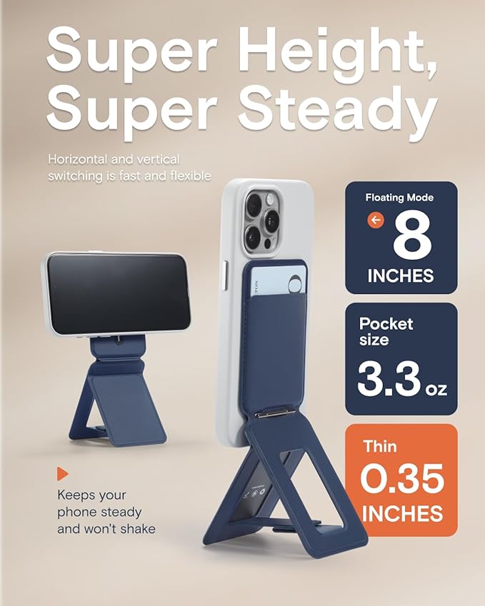 MOFT Phone Tripod Wallet for iPhone, Mulit-Angles, Lightweight & Portable Phone Stand, MOVAS Vegan Leather Magnetic Wallet, Strong Magnets, NFC Card Holder,Travel Essential, Navy Blue (With Card Slot)