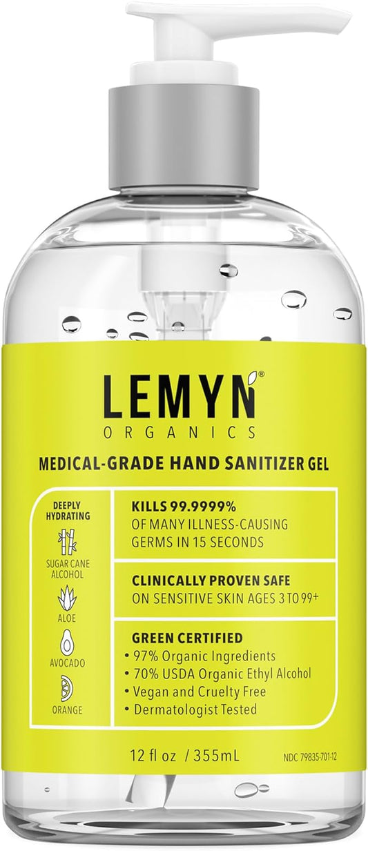 Medical‑Grade Hand Sanitizer Gel – 97 % Organic | 70 % USP Ethyl Alcohol | Moisturizing Aloe + Hyaluronic Acid | Freshly Made in USA | 12oz Bottle with Pump