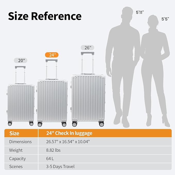 24 Inch Luggage With Spinner Wheels, Aluminum Frame Zipperless Suitcase, PC Lightweight Hard Shell with TSA Lock, Checked Medium Suitcase 24-Inch (Silver)