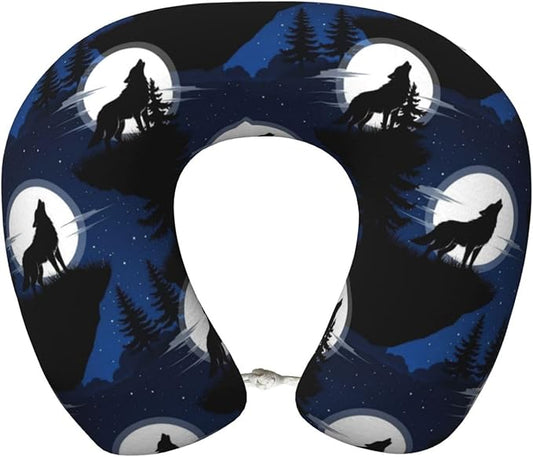 Neck Support Pillow, Comfortable Memory Foam Car/Flight/Airplane Chin Pillows U Shaped Cushion for Office Travel Sleeping Wolf Howling On The Full Moon
