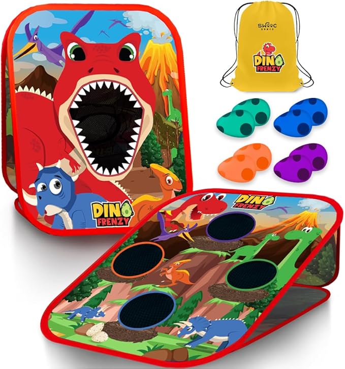 Swooc Games® - Dino Frenzy™ | 2-in-1 Corn Hole Games for Kids | 5-Second Setup | Dinosaur Bean Bag Toss Game for Kids | Kid Cornhole Game Set | Toddler Party Activity | Outside Bean Bags Kid Tossing