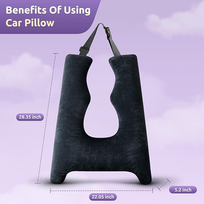 Car Pillow for Kids, Travel Pillow with Adjustable Strap, U-Shaped Pillow for Adults and Children to Support Head and Body Road Trip Essentials (Dark Grey)
