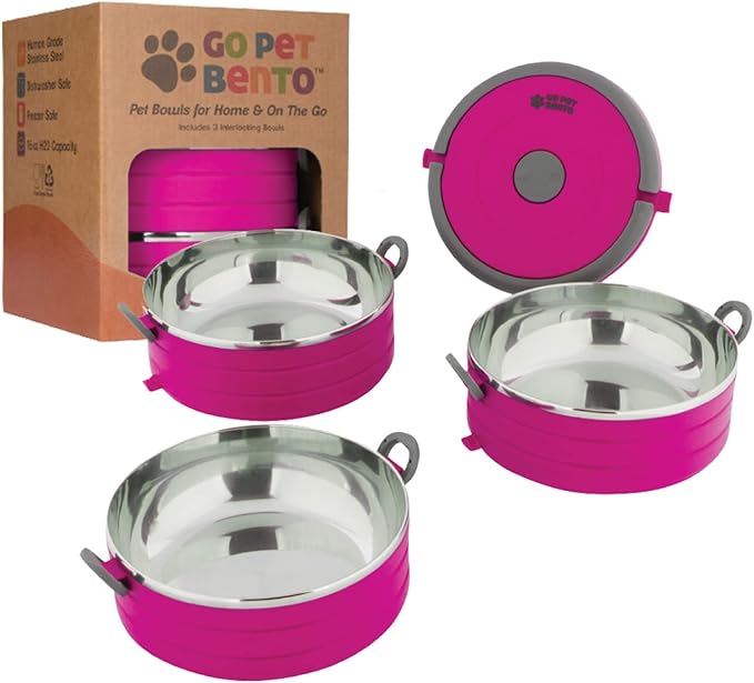 Healthy Human Travel Pet Bento Bowls - Leak Proof, Human-Grade Stainless Steel & BPA-Free, 3-Pack Water & Food Container Set, Clips & Handle (Pink)