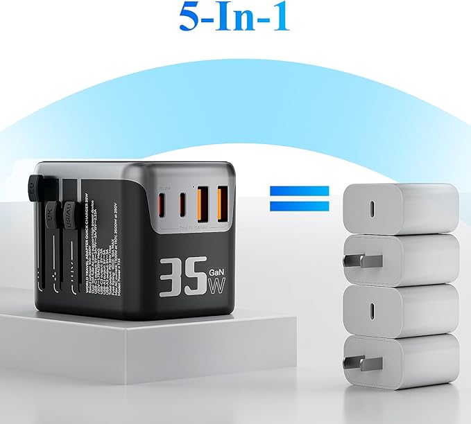 Minthouz Universal Travel Adapter, International 35W Power Adapter GaN PD Fast Charger with 2 USB-C PD & 2 USB-A Ports, All-in-One Portable AC Worldwide Power Converter Plug for USA EU UK AUS and More