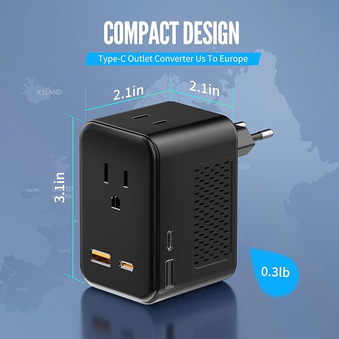 220V to 110V Voltage Converter US to Europe Travel, Adapter Plug Converter for European Travel with 20W PD & 2 USB-A & 2 USB-C Port, European Power Converter Combo USA to Spain Italy France (Black)