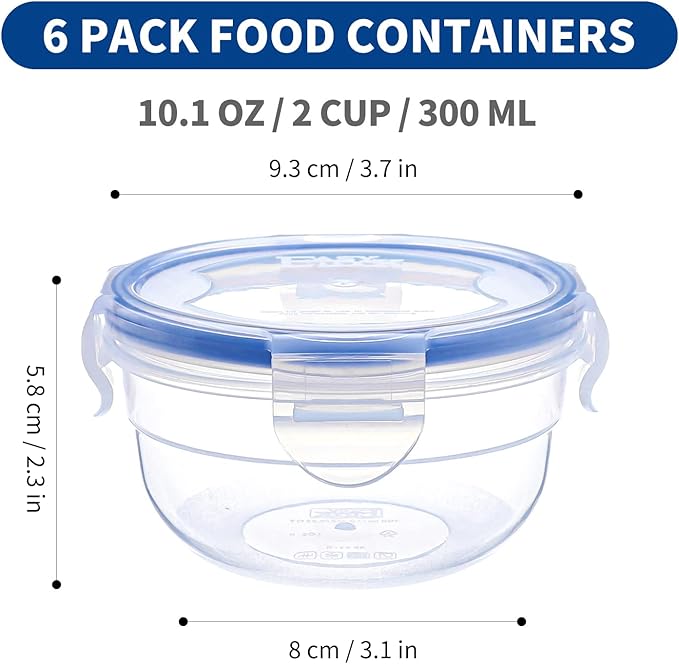 KIGI 10oz Round Plastic Food Storage Containers with Lids, Airtight Leak-Proof Small Bowls for Meal Prep, Snacks, Puree, Leftovers and Salad Dressing to Go, Microwave, Diswasher & Freezer Safe 6-Pack