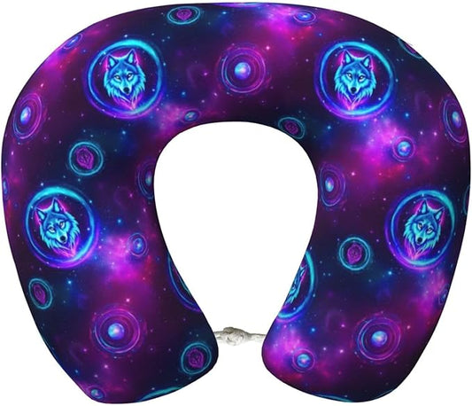 Funny Neck Pillow Support for Car Flight Rest Purple Blue Galaxy Starry Sky Wolf, Memory Foam U Shaped Decor Head Cushion for Home Outdoors Travel