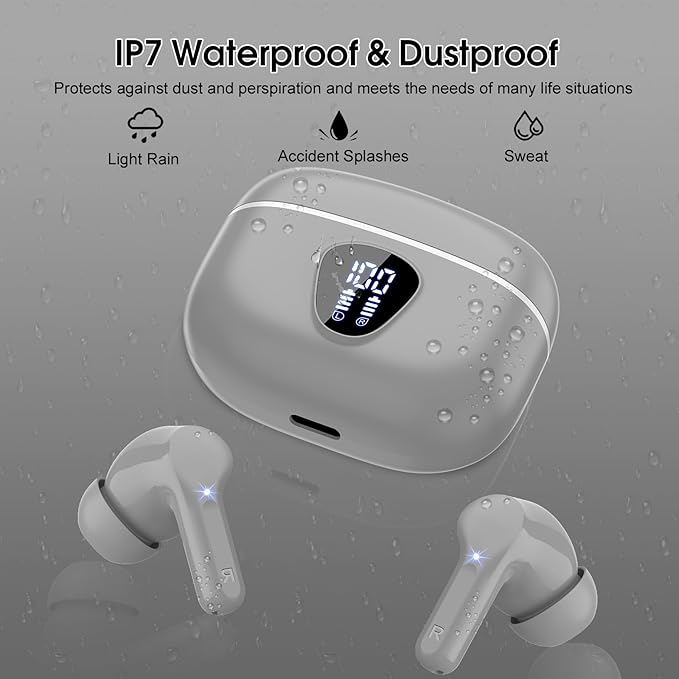 Wireless Earbuds, Bluetooth 5.4 Headphones HiFi Stereo, Bluetooth Earbuds with ENC Noise Cancelling Mic, IP7 Waterproof in Ear Earphones, 48H, LED Display Ear Buds for Pad Phones Workout Sports, Grey