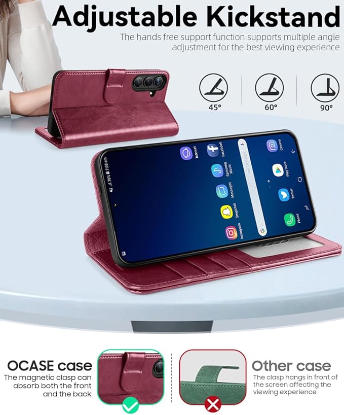 OCASE Compatible with Galaxy S25 FE Wallet Case, PU Leather Flip Folio Case with Card Holders RFID Blocking Kickstand [Shockproof TPU Inner Shell] Protective Phone Cover 2025, Burgundy